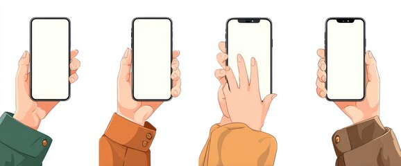 Four phones with blank screens held by cartoon-style hands with jacket sleeves, isolated on a white background