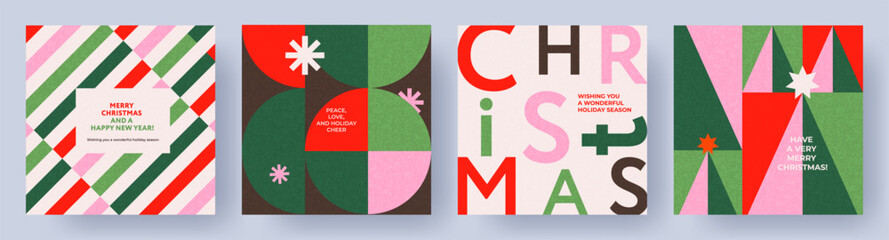 Merry Christmas and Happy New Year Set of backgrounds, greeting cards, posters, holiday covers. Xmas templates with typography and season wishes in modern geometric style for web, social media, print.