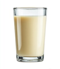 Creamy beige liquid in a clear glass, centered and isolated on a white background in bright studio lighting
