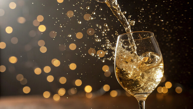 Pouring champagne into a glass with bokeh background