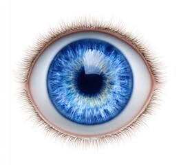 Hyperrealistic close-up of a bright blue human eye with detailed iris and lashes, isolated on a white background