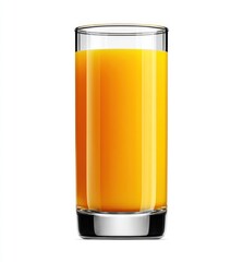 A tall, clear glass filled with vibrant orange liquid set against a bright, clean white backdrop