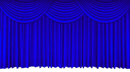 Blue stage curtain. Empty theater, opera or cinema. Blue silk stage curtain PNG transparent.