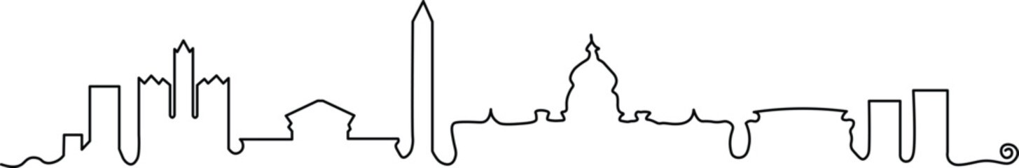 Striking one-line illustration of Washington DC skyline featuring iconic monuments, perfect for minimalist design projects or adding a touch of sophistication to your creative visuals