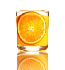 Orange slice inside a glass with juice, mirrored on a white surface. Bright and refreshing