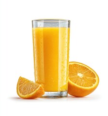 Orange juice in glass with orange slices isolated on white background, clear, bright