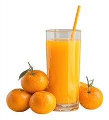Tall glass of orange juice with straw surrounded by fresh tangerines, vibrant and inviting on a clean white background