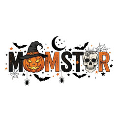 Momster Halloween text with pumpkin witch hat and skull lettering isolated on a transparent background