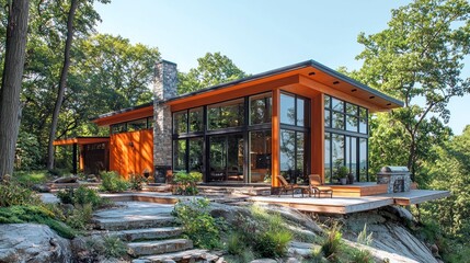 Obraz premium Modern hillside home with expansive windows, stone accents, and deck