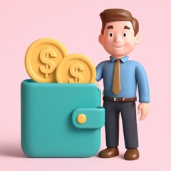 3d cartoon man in blue shirt orange tie stands next to teal wallet filled with gold coins concept