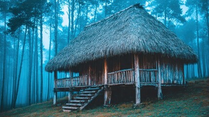 Rustic wooden hut with thatched roof nestled in a misty forest, bathed in cool blue tones