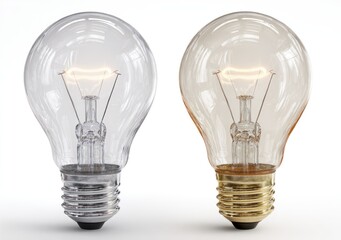 Two light bulbs, one clear, one amber, both illuminated, isolated on white with a chrome and golden base