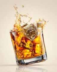 A tumbler glass with ice cubes and an amber liquid splashing out against a light tan background