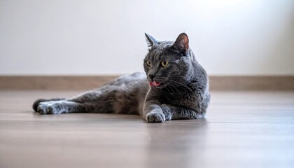 Gray cat lying on light brown wooden floor