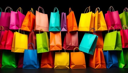 Array of vibrant multicolored shopping bags against a stark black backdrop,  shopping spree,   gift bags