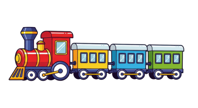 Cartoon train with four colorful carriages isolated PNG with Transparent Background