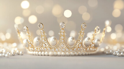 Elegant gold crown glistening with pearls and diamonds. A royal symbol amid soft, sparkling lights.