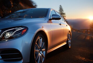 Silver sedan parked on a winding road with a mountain view at sunset, bathed in warm light. The car's front is prominently displayed