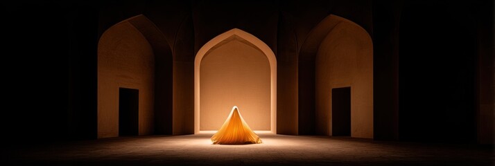 A figure in a cone shape stands in the light of a arched structure within a dark room or space