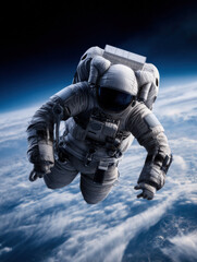 An astronaut floats in space above Earth, surrounded by clouds, showcasing the vastness of the universe and human exploration.