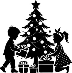 Children opening presents under a decorated Christmas tree silhouette vector black , white background 