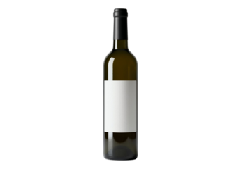 Single wine bottle with blank white label isolated on transparent background, ideal for branding, packaging, and beverage design concepts.