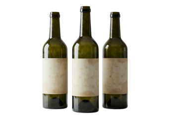 Three old wine bottles with blank labels concept for  vintage drinks, cellar storage, and beverage concepts.