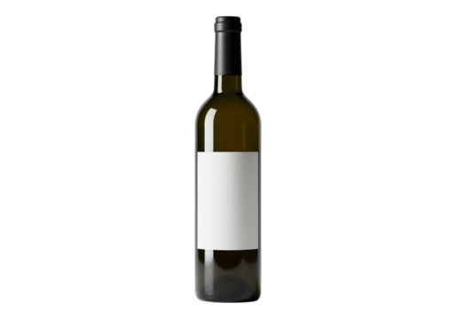 Single wine bottle with blank white label isolated on transparent background, ideal for branding, packaging, and beverage design concepts.