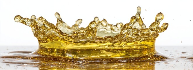 Golden liquid splashes upwards, creating a crown-like shape on a reflective surface against a white backdrop