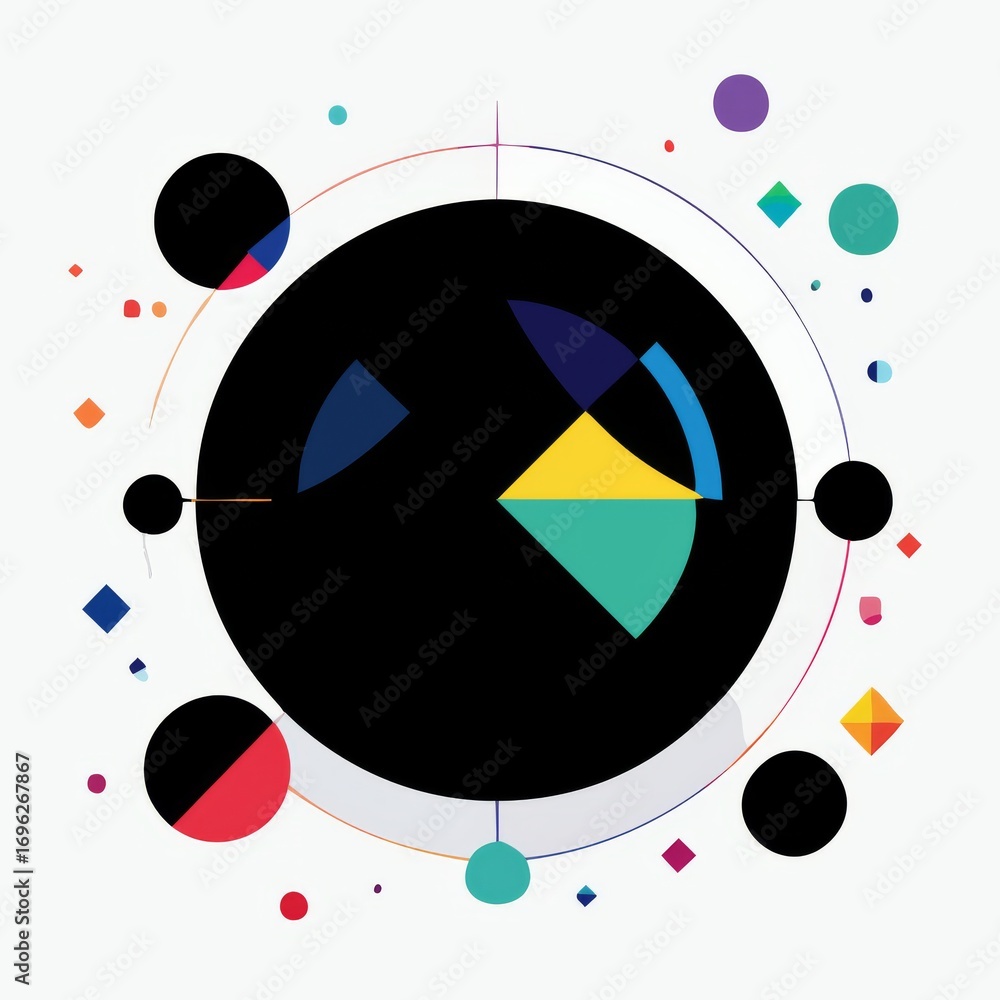 Poster Abstract Geometric Composition with Black Circle and Colorful Elements on White Background