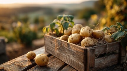 Freshly harvested potatoes in wooden crate on farm field at sunset organic agriculture
