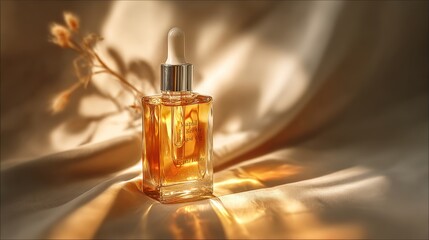 Golden liquid in glass bottle, elegant composition on silk fabric with dried plant, soft lighting, warm tones, subtle shadows