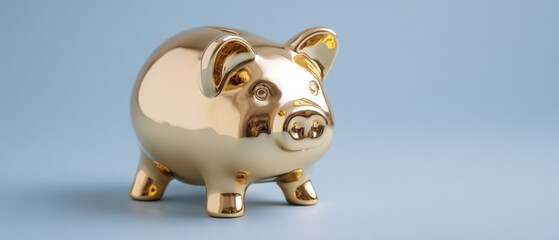 A golden piggy bank gleams against a smooth blue background, symbolizing wealth and saving
