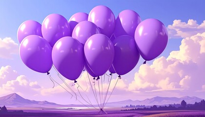 Purple balloons float over a landscape