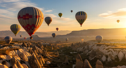 Obraz premium Spectacular hot air balloons soaring over Cappadocia's fairy chimneys at sunrise adventure travel