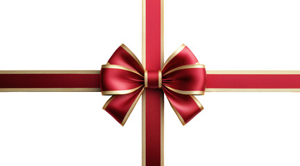 Decorative red satin ribbon forming elegant cross with bow isolated on transparent background
