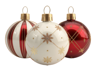 Three festive Christmas ball ornaments isolated on transparent background
