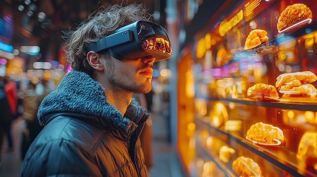 Man in VR headset exploring virtual food display in city