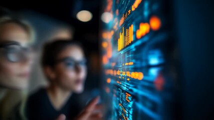 Two women analyzing digital data on a screen in a modern workspace, focused on statistics - Powered by Adobe