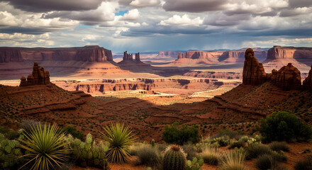 Dramatic Monument Valley landscape with vibrant desert vegetation and cloudy sky creates an iconic southwestern vista