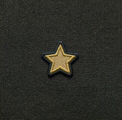 Small star applique with brown fill and blue border isolated on a dark, textured surface