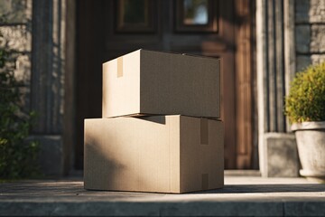 Cardboard Delivery Boxes on Tiled Porch with Plants in Daylight