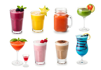 Fototapeta premium set of various glasses of smoothie isolated on white background