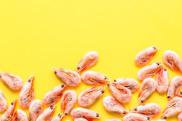 Prawn background on yellow table top view frame copy space