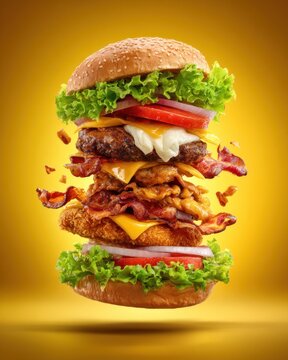 Exploded view of a tall, stacked burger with lettuce, cheese, meat, and bacon against a blurred yellow background