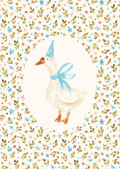 Retro card with goose and floral pattern. Old styled card design. Watercolor hand painted illustration for card, banner, invitation. Baby shower, birthday card design