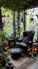 Moody witchy atmosphere with vintage gothic furniture with velvet, dried herbs and botanicals hanging.