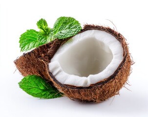 Split coconut half with white flesh, surrounded by fresh green mint leaves, set against a white backdrop, casting a soft shadow