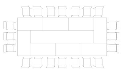 A black and white contour drawing of a meeting room table with four uniquely designed sections, surrounded by orderly arranged chairs in a square formation. Top view