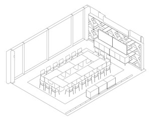 Conference room line drawing with long table, chairs, and partition wall for meetings. Isometric view